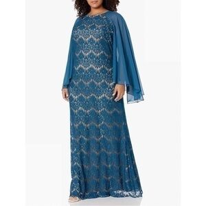 Betsy & Adam Teal Blue Lace Bodice Maxi Semi-Formal Dress with Chiffon Cape, EUC